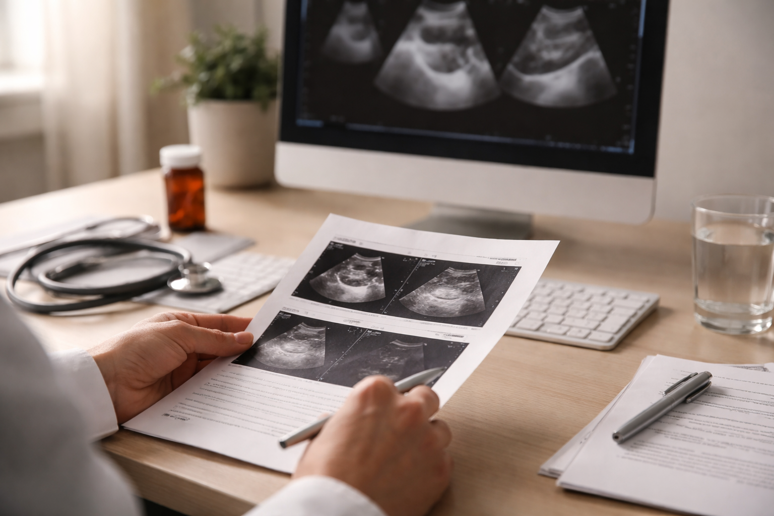 Paciente analisando exames com profissional de saúde